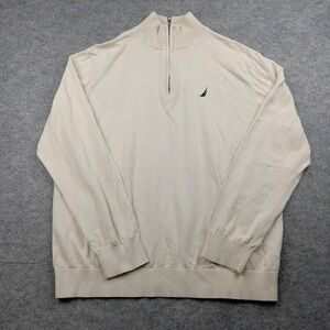 Nautica Sweater‎ Mens XL Beige Quarter Zip Cotton Pullover Sail Logo Mock Neck